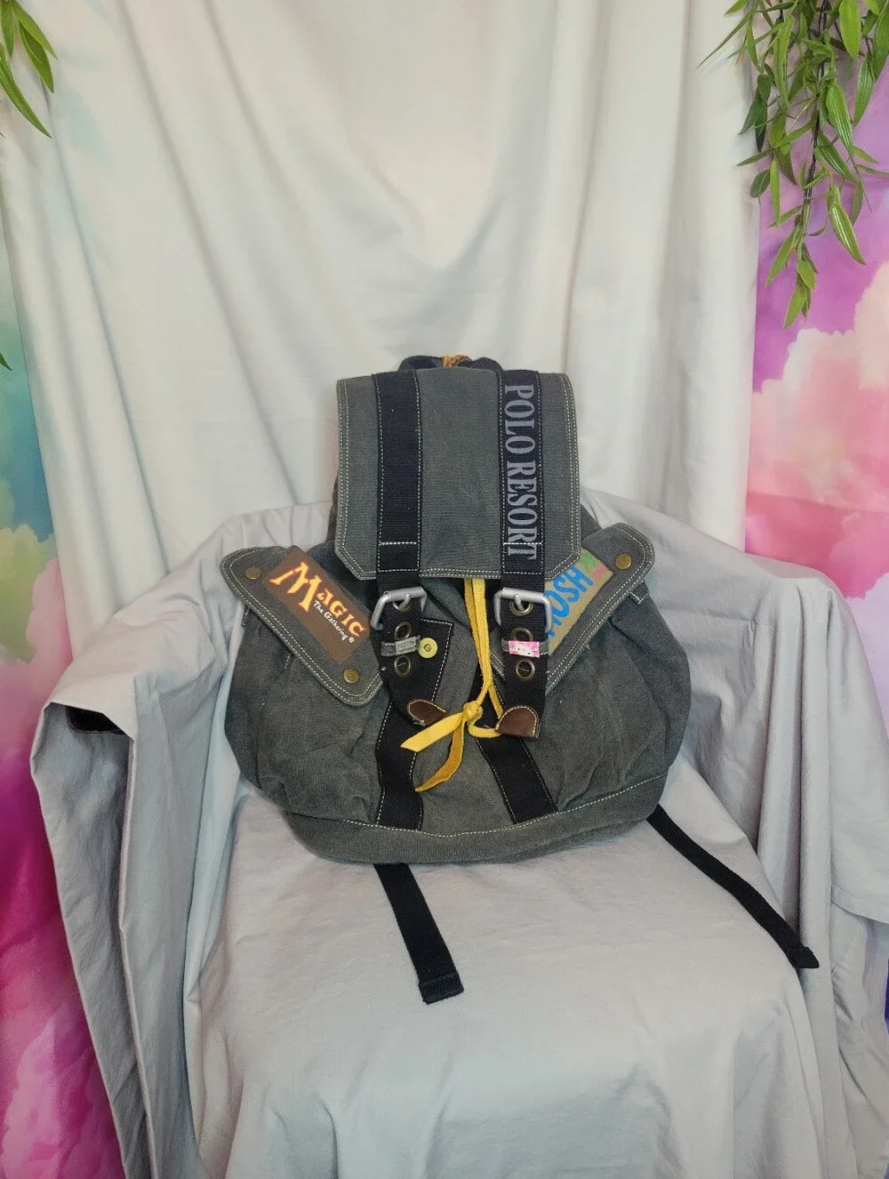 Olive/Gray Canvas Backpack with Leather Draw String (Altered)
